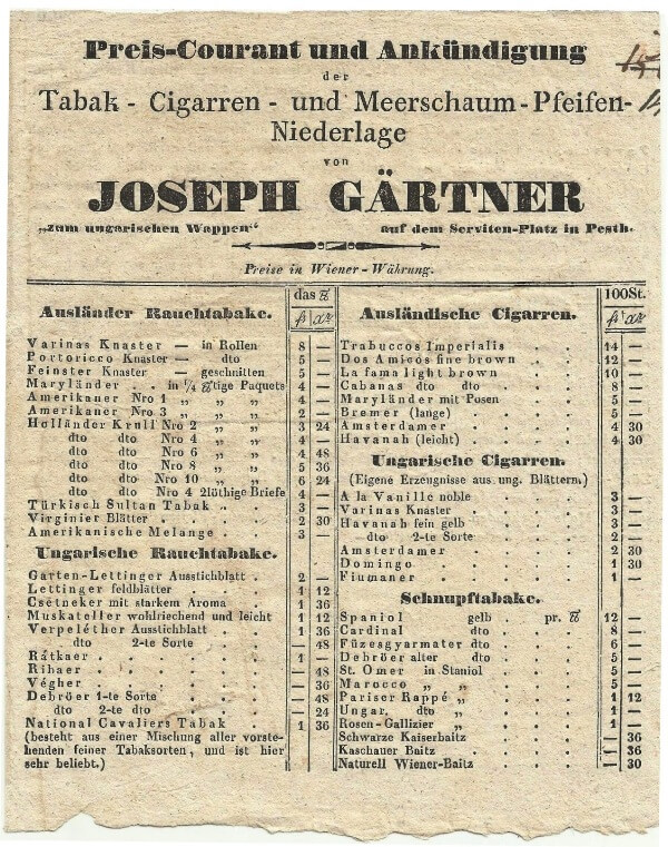 1830. Joseph Gärtner árjegyzéke 1830. Joseph Gärtner árjegyzéke