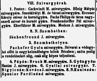 1846. Szivargyárak az országban 1846. Szivargyárak az országban