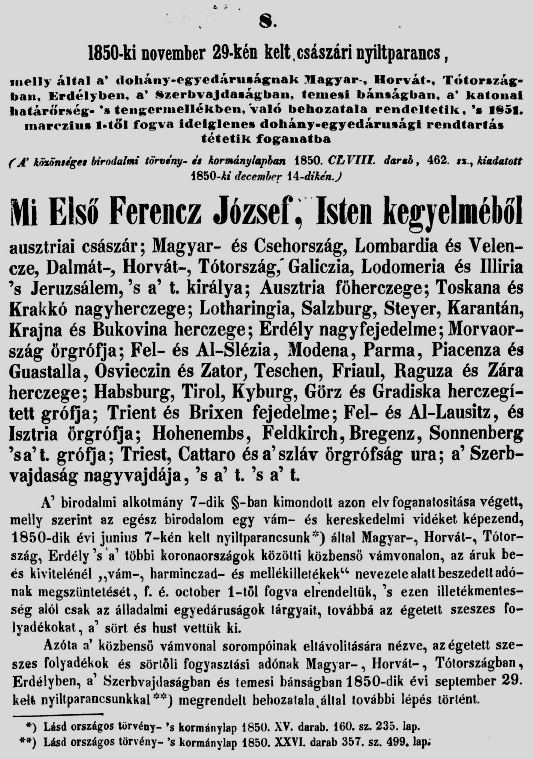1851.01.31. Dohánymonopólium 1851.01.31. Dohánymonopólium