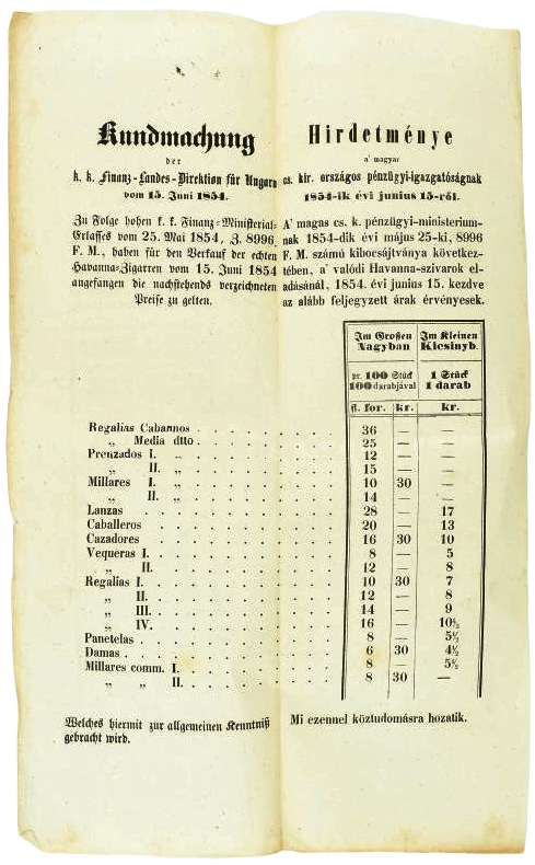 1854.06.15. Szivar árjegyzék