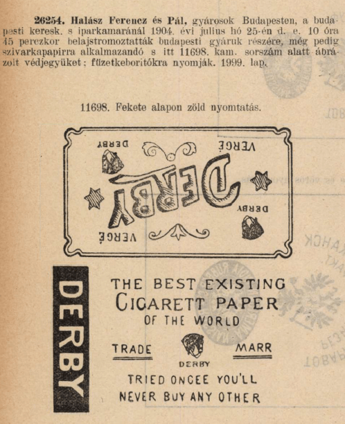 1904.07.25. Derby cigarettapapír 1904.07.25. Derby cigarettapapír