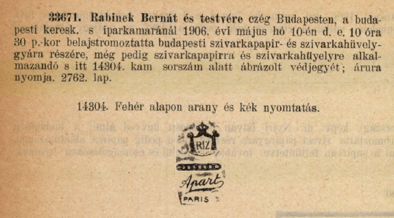 1906.05.10. Riz Apart papír és hüvely 1906.05.10. Riz Apart papír és hüvely