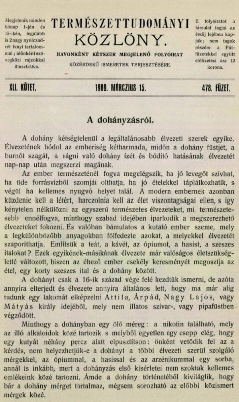 1909.03.15. A dohányzásról 1909.03.15. A dohányzásról
