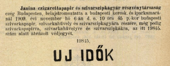 1909.11.06. Uj Idők papír és hüvely 1909.11.06. Uj Idők papír és hüvely