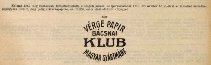 1910.10.21. Bácskai Klub papír 1910.10.21. Bácskai Klub papír