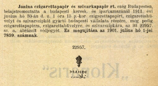 1911.06.30. Mahdi papír és hüvely 1911.06.30. Mahdi papír és hüvely