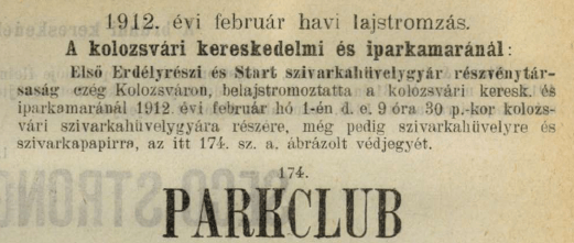 1912.02.01. Parkclub papír és hüvely 1912.02.01. Parkclub papír és hüvely