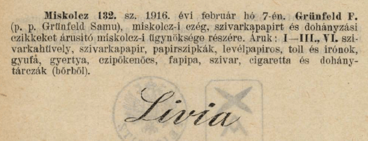 1916.02.07. Livia papír és hüvely 1916.02.07. Livia papír és hüvely