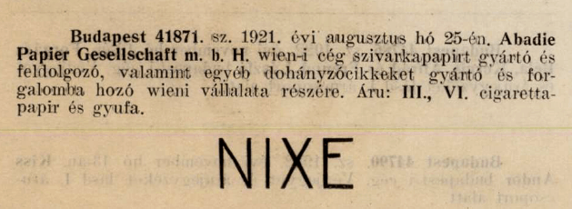 1921.08.25. Nixe cigarettapapír 1921.08.25. Nixe cigarettapapír
