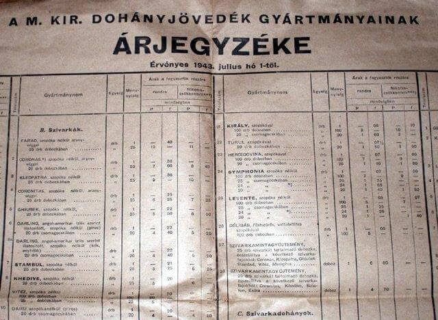 1943.07.01. Dohány árjegyzék