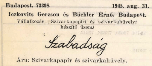 1945.08.31. Szabadság papír és hüvely 1945.08.31. Szabadság papír és hüvely
