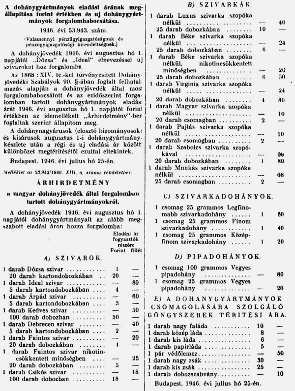 1946.08.10. Dohány árak forintban