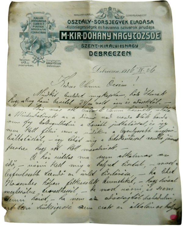 Dohány nagytőzsde levélpapír, 1916