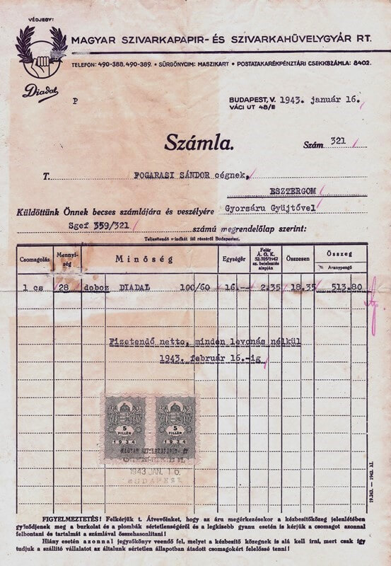 Szivarkahüvelygyár számlák Szivarkahüvelygyár számlák