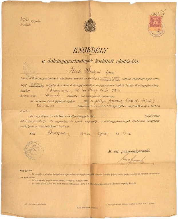 Dohány kisárus engedély, 1912