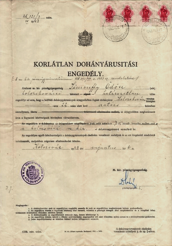 Dohány kisárus engedély, 1943