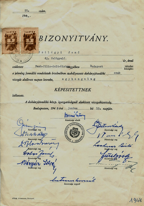Dohányjövedéki szakvizsga, 1948