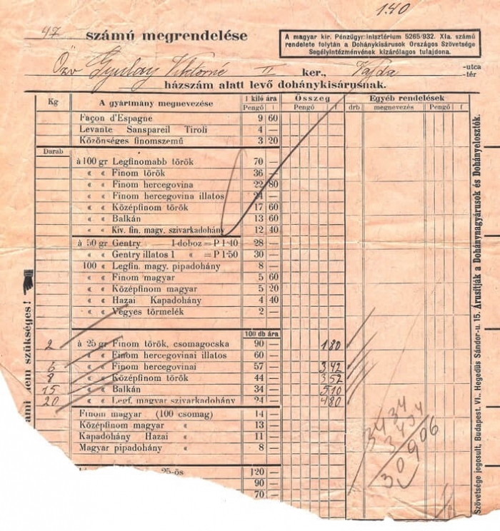 Dohánykisárus megrendelőív, 1932