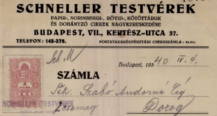 Schneller Testvérek számla, 1940 Schneller Testvérek számla, 1940