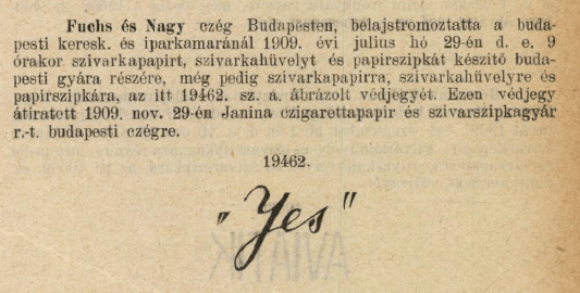 1909.07.29. Yes papír és hüvely