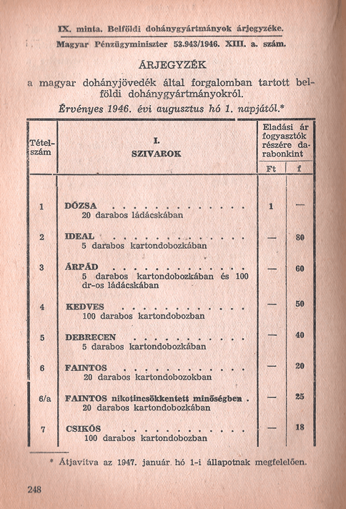 1946.08.01. Dohány árjegyzék