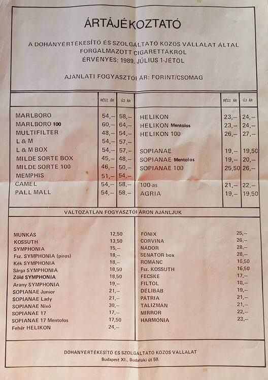 1989.07.01. Dohány árjegyzék